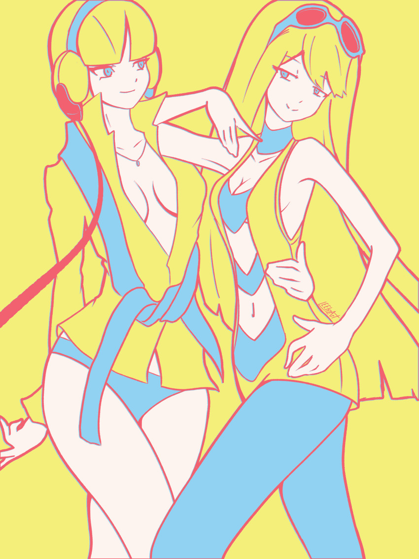 2girls, absurdres, blonde_hair, breasts, collar, commission, cosplay, costume_switch