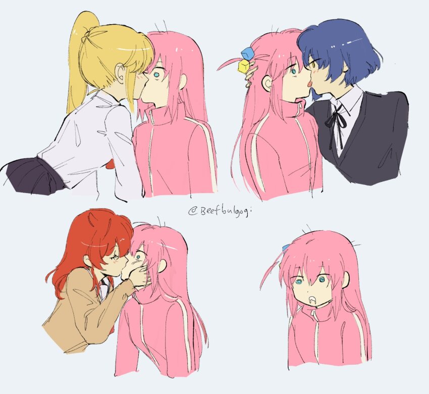 @_@, artist_name, blazer, blonde_hair, blue_hair, blush, bocchi_the_rock!, closed_eyes, cropped_arms, cropped_torso, cube_hair_ornament, drooling, french_kiss, gotoh_hitori, green_eyes, hair_between_eyes, hair_ornament, hand_on_another's_face, hand_on_another's_head, high_ponytail, highres, ijichi_nijika, jacket, kiss, kita_ikuyo, long_hair, long_sleeves, pink_hair, pink_jacket, pleated_skirt, ponytail, shirt, short_hair, sidelocks, skirt, tofucakes, track_jacket, twitter_username, white_background, white_shirt, wide-eyed, yamada_ryo, yellow_eyes, yuri