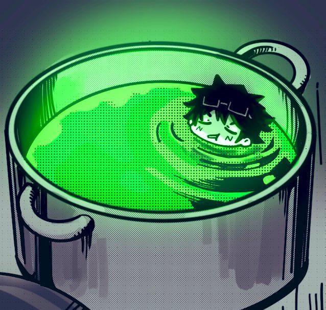 1boy, black_hair, commentary, cooking_pot, derivative_work, dungeon_meshi, english_commentary, eyewear_on_head, glasses, limbus_company, liquid, comic_panel_redraw, partially_submerged, philosopheropposite, project_moon, ripples, samjo_(project_moon), spiked_hair, spoilers