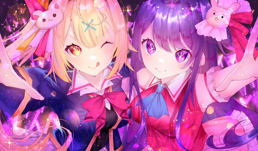 2girls, absurdres, ascot, bare_shoulders, black_vest, blonde_hair, blue_ascot, blue_jacket, blush, bow, bowtie, closed_mouth, collared_dress, collared_shirt, commentary_request, cosplay, detached_sleeves, dress, frilled_dress, frilled_sleeves, frills, hair_between_eyes, hair_ornament, hair_ribbon, highres, hoshikawa_sara, hoshino_ai, hoshino_ruby, hoshino_ruby_(cosplay), idol, jacket, light_particles, long_hair, long_sleeves, looking_at_viewer, mother_and_child, mother_and_daughter, multiple_girls, nijisanji, one_eye_closed, one_side_up, orange_eyes, oshi_no_ko, parent_and_child, parted_bangs, pink_bow, pink_bowtie, pink_dress, pink_ribbon, purple_eyes, purple_hair, rabbit_hair_ornament, ribbon, school_uniform, shirt, sidelocks, sleeveless, sleeveless_dress, smile, sparkle, star-shaped_pupils, star_(symbol), swept_bangs, symbol-shaped_pupils, tongue, tongue_out, toomeirro, upper_body, vest, virtual_youtuber, white_shirt, x_hair_ornament, youtou_high_school_uniform