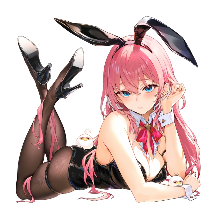 1girl, alternate_costume, animal_ears, black_hairband, black_leotard, blue_eyes, bow, bowtie, breasts, cleavage, closed_mouth, commentary_request, detached_collar, elbow_rest, fake_animal_ears, hair_between_eyes, hairband, high_heels, hololive, kakage, large_breasts, latex, latex_leotard, leotard, long_hair, looking_at_viewer, lying, on_stomach, pantyhose, pink_hair, playboy_bunny, rabbit_ears, red_bow, red_bowtie, shoe_soles, simple_background, skindentation, solo, strapless, strapless_leotard, takane_lui, the_pose, tsukune_(takane_lui), tsumire_(takane_lui), very_long_hair, virtual_youtuber, white_background, wrist_cuffs
