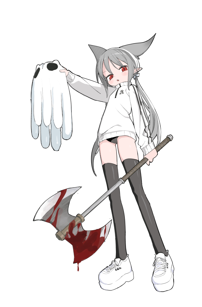 1girl, abysmal, arm_at_side, axe, battle_axe, black_buruma, black_thighhighs, blood, bloody_weapon, bow, buruma, character_request, creature, fang, full_body, grey_hair, hair_bow, half-closed_eyes, head_tilt, high_collar, highres, holding, holding_axe, holding_creature, jacket, kokaki_mumose, light_blush, long_hair, long_sleeves, looking_at_viewer, low_twintails, moneko_(kokaki_mumose), open_mouth, outstretched_arm, platform_shoes, pointy_ears, red_eyes, shoes, sneakers, solo, thighhighs, track_jacket, twintails, weapon, white_background, white_bow, white_jacket