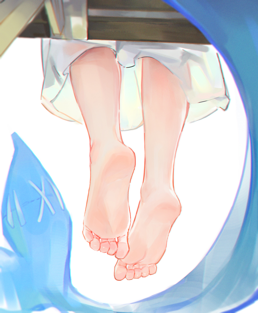 1girl, barefoot, chunkyeggy, commentary, dress, english_commentary, feet, fins, fish_tail, foot_focus, gawr_gura, highres, hololive, hololive_english, lower_body, shark_girl, shark_tail, simple_background, sitting, soles, solo, tail, toes, virtual_youtuber, white_background, white_dress