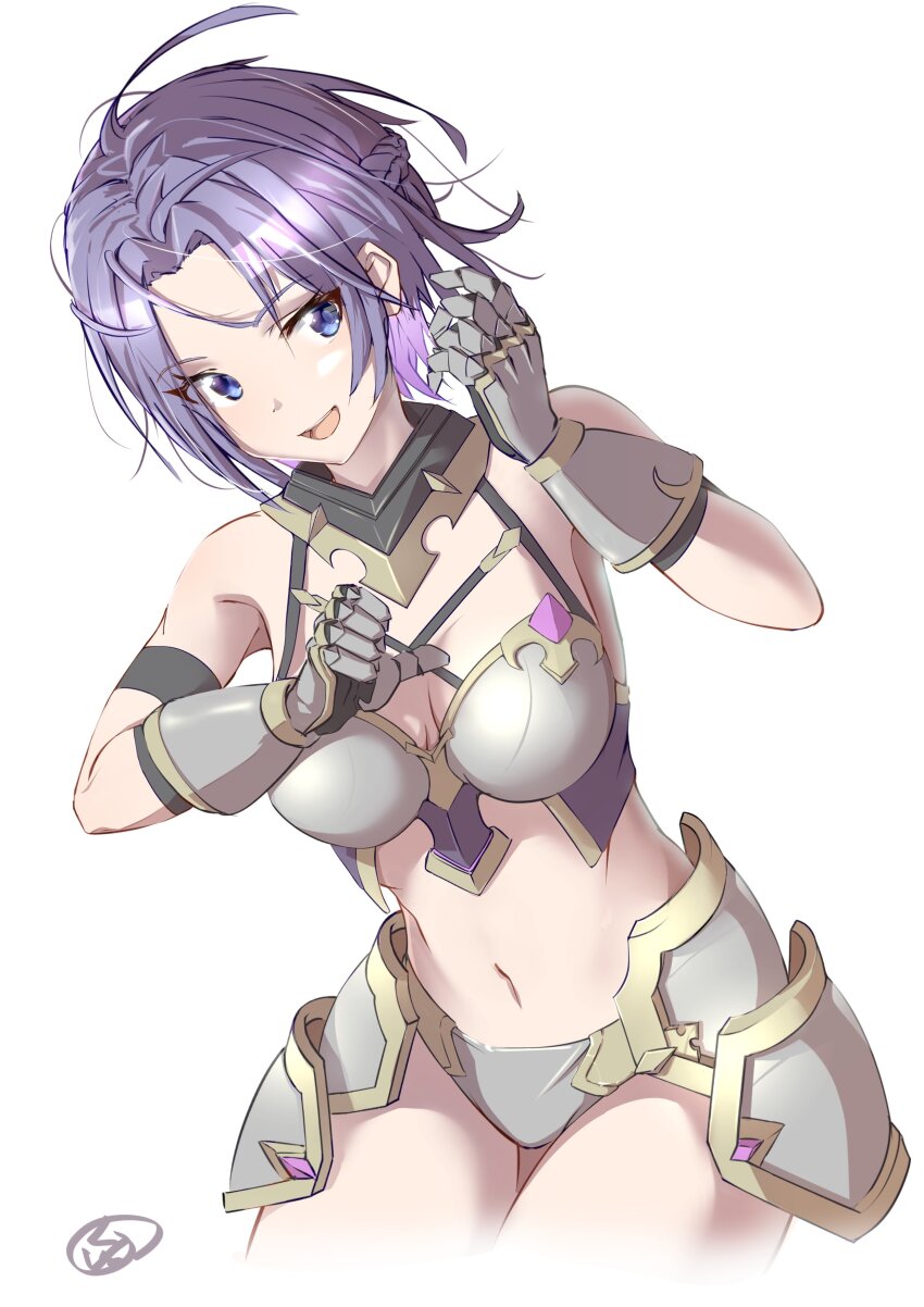 1girl, :d, absurdres, armor, bare_shoulders, bikini, bikini_armor, blue_eyes