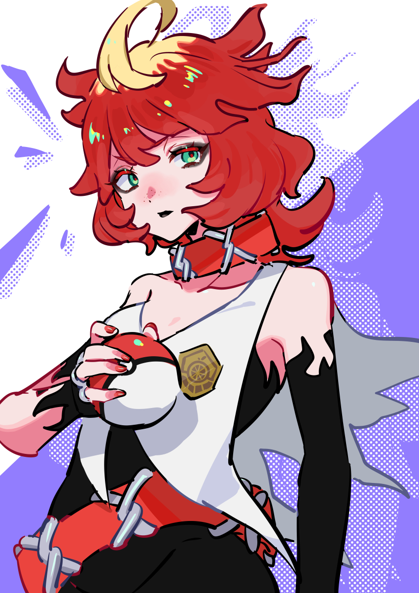 1girl, absurdres, bare_shoulders, belt, black_bodysuit, black_lips, blonde_hair, bob_cut