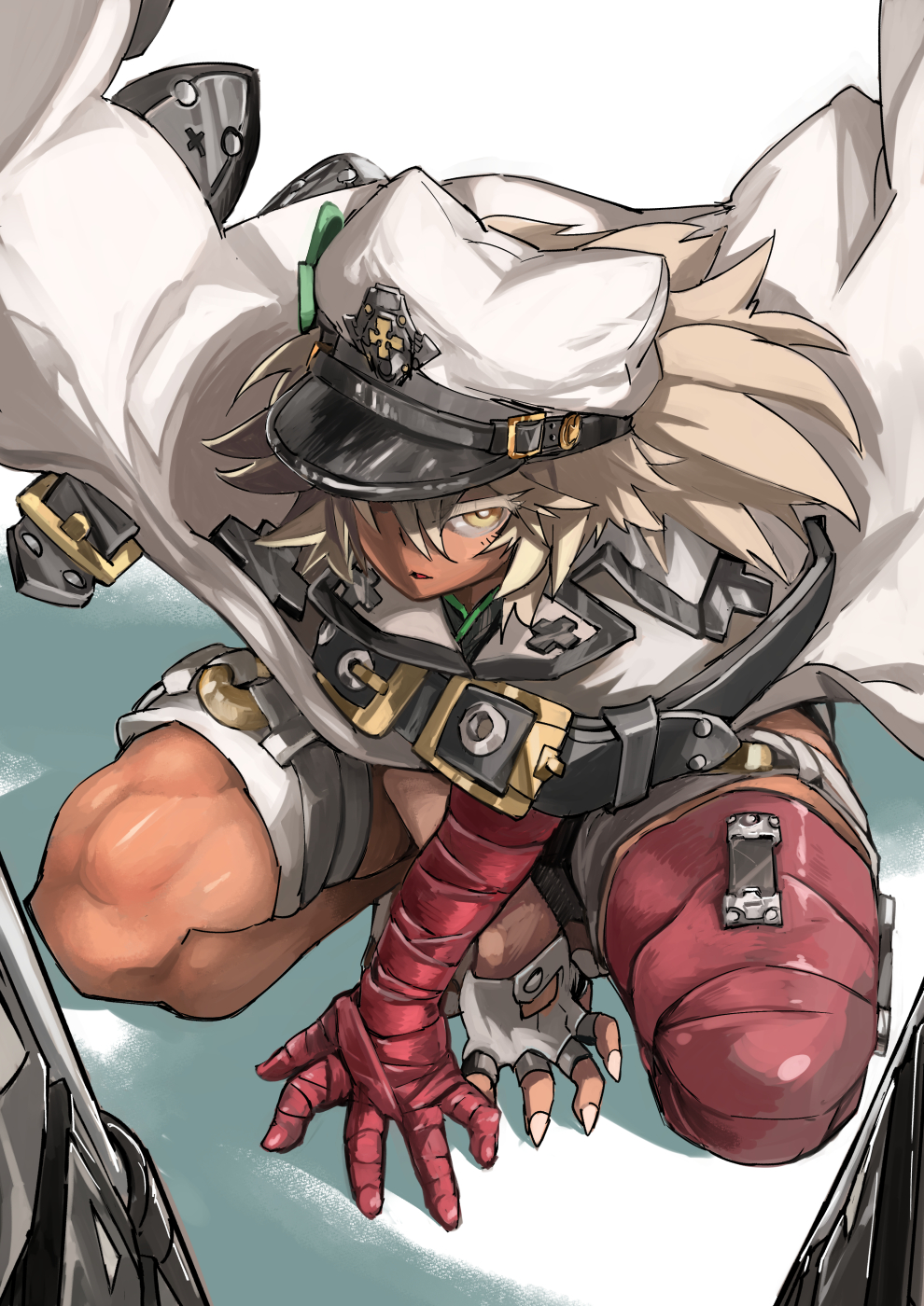1girl, bandaged_arm, bandages, belt, black_belt, blonde_hair, cape, dark-skinned_female, dark_skin, guilty_gear, hair_between_eyes, hat, highres, muscular, muscular_female, ramlethal_valentine, red_bandage, rightorisamraido3, short_shorts, shorts, simple_background, solo, squatting, tan, toned, white_shorts, yellow_eyes