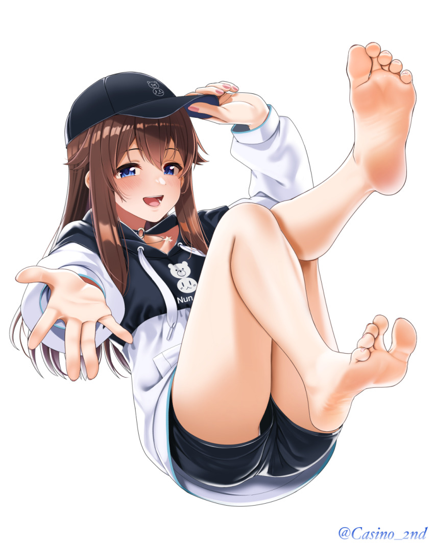 1girl, barefoot, baseball_cap, blue_eyes, blush, brown_hair, casino_(casinoep), feet, foot_focus, hat, highres, hololive, knees_together_feet_apart, long_hair, looking_at_viewer, open_mouth, short_shorts, shorts, soles, spread_toes, toes, tokino_sora, tokino_sora_(dj_hoodie), virtual_youtuber
