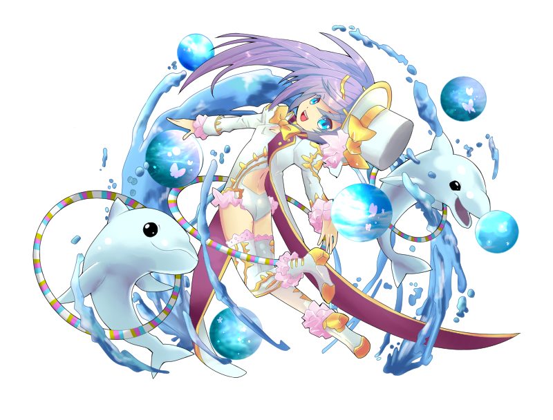 1girl, bare_back, blue_eyes, boots, bow, bowtie, bug, butterfly, dolphin, hat, hat_bow, hoop, hula_hoop, insect, leotard, long_hair, long_sleeves, open_mouth, purple_hair, puzzle_&amp;_dragons, ruka_(p&amp;d), simple_background, tailcoat, teeth, thigh_boots, top_hat, upper_teeth_only, water, water_drop, white_background, white_butterfly, white_footwear, white_headwear, white_leotard, yellow_bow, yellow_bowtie, yukiuma