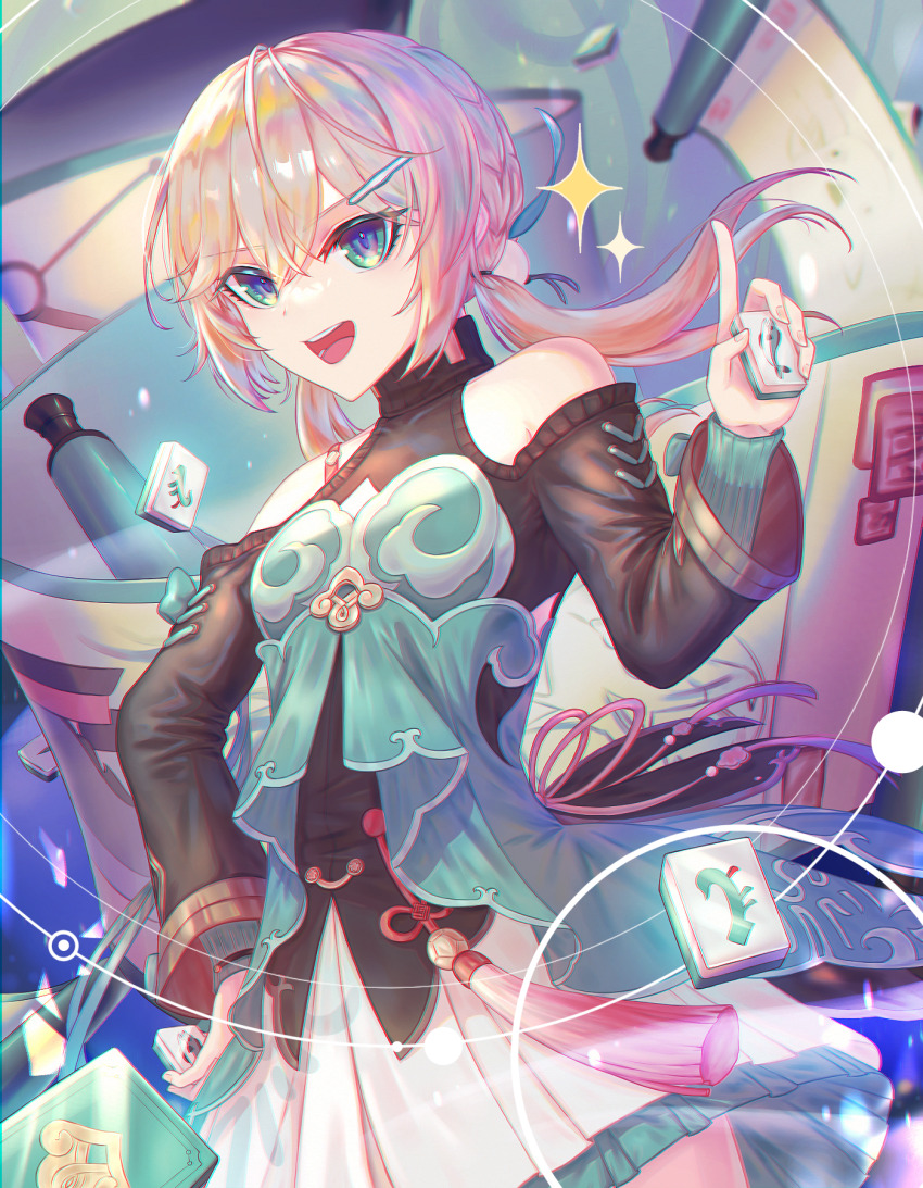 1girl, black_shirt, black_sleeves, blonde_hair, braid, breasts, chromatic_aberration, clothing_cutout