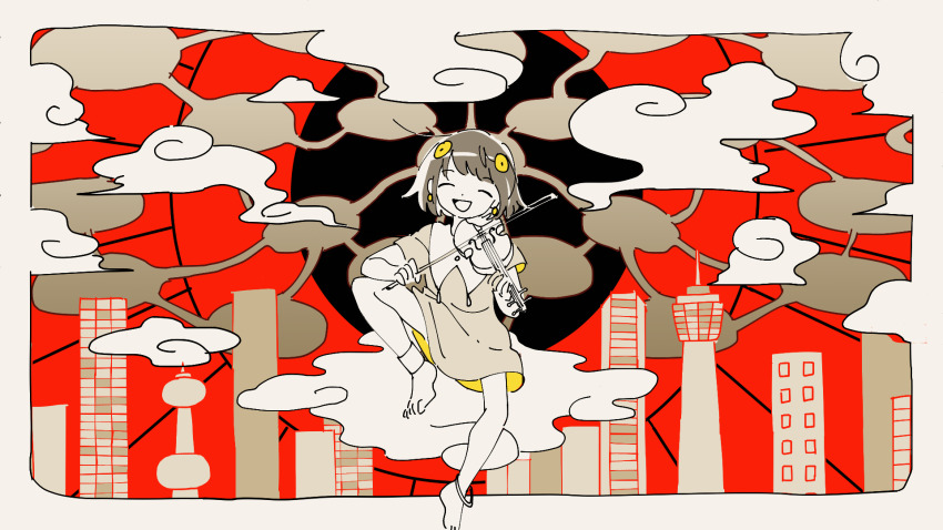 1girl, anklet, bangle, border, bow_(music), bracelet, building, circle