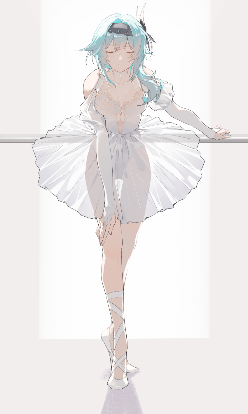 1girl, absurdres, alternate_costume, balancing, ballerina, ballet, ballet_slippers, bare_shoulders, black_hairband, blue_hair, breasts, bridal_gauntlets, center_opening, choker, cleavage, closed_eyes, collarbone, cross, cross_choker, eula_(genshin_impact), genshin_impact, hair_ornament, hairband, highleg, highleg_leotard, highres, indoors, leotard, light_blue_hair, medium_breasts, medium_hair, parted_bangs, see-through_clothes, see-through_cleavage, see-through_silhouette, see-through_skirt, serious, shadow, shijiuqaq, sidelocks, simple_background, skirt, solo, standing, tiptoes, tutu, white_bridal_gauntlets, white_choker, white_leotard
