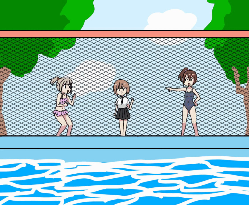 3girls, air_bubble, animated, animated_gif, bikini, bow, breasts, brown_hair