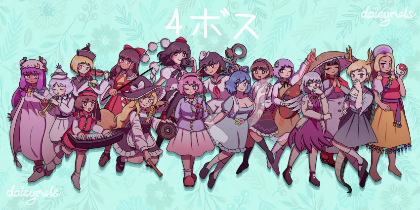 6+girls, ;), ajirogasa, anchor, anchor_symbol, apron, aqua_background, arms_behind_back