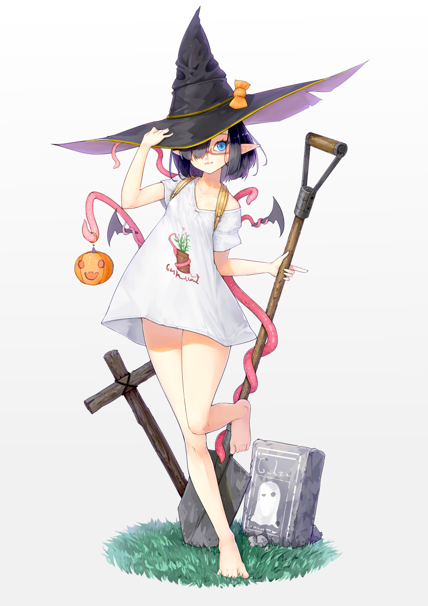 1girl, absurdres, barefoot, black_hair, blue_eyes, candy_hat_ornament, cross, detached_wings, flower_pot, full_body, ghost, grass, hair_over_one_eye, halloween, hat, highres, jack-o'-lantern, kearful, long_shirt, looking_at_viewer, off_shoulder, original, pointy_ears, semi-rimless_eyewear, short_hair, shovel, tentacles, tombstone, white_background, wings, witch_hat