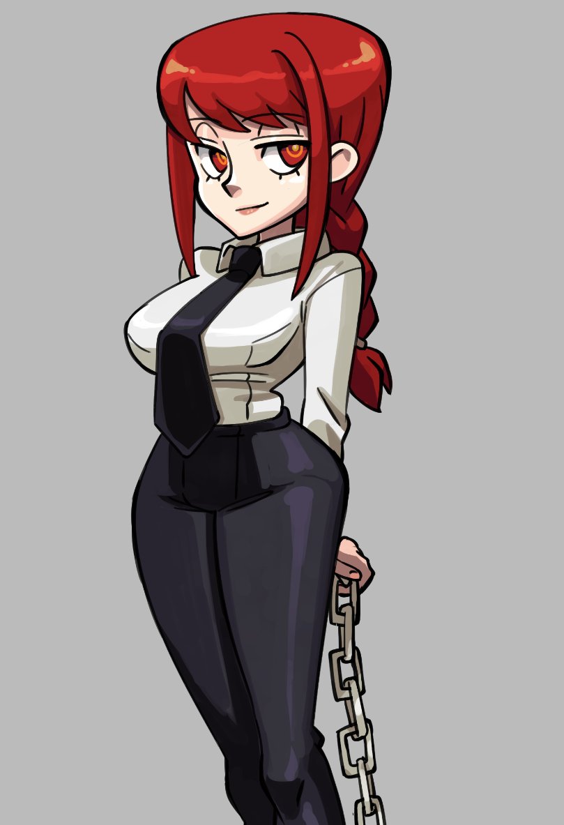 1girl, arms_behind_back, black_necktie, black_pants, braid, braided_ponytail, breasts, chain