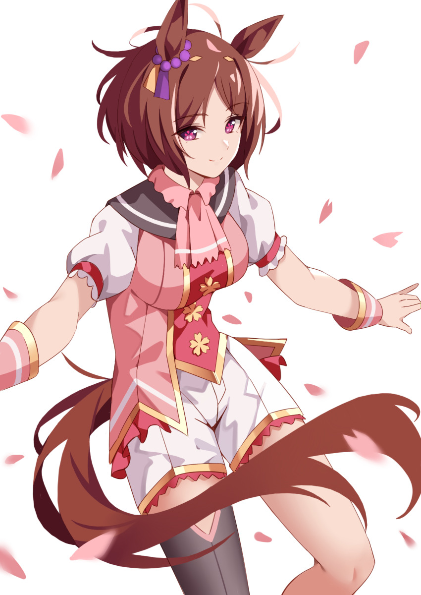1girl, animal_ears, black_thighhighs, bob_cut, breasts, brown_hair, cherry_blossoms, flower_in_eye