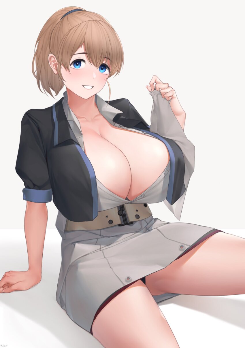 1girl, belt, black_jacket, blue_eyes, breasts, brown_hair, cleavage, commentary_request