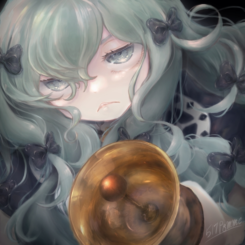 1girl, 517pomme, :<, barbie_(shadows_house), bell, black_bow, bow, closed_mouth