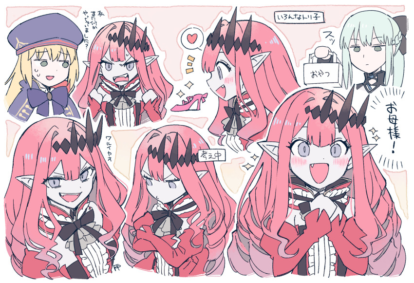 3girls, artoria_caster_(fate), artoria_caster_(second_ascension)_(fate), artoria_pendragon_(fate), baobhan_sith_(fate), baobhan_sith_(first_ascension)_(fate), beret, blonde_hair, blush, bow, crossed_arms, detached_sleeves, drill_hair, evil_smile, fang, fate/grand_order, fate_(series), geev, grey_eyes, grey_hair, hat, heart, highres, long_hair, morgan_le_fay_(fate), multiple_girls, own_hands_together, pink_hair, pointy_ears, smile, spoken_heart