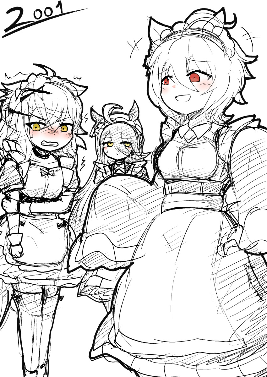 +++, 2001, 3girls, absurdres, agnes_tachyon_(umamusume), ahoge, alternate_costume, animal_ears, apron, blush, clenched_teeth, comic, commentary, ears_down, enmaided, gloves, greyscale, hair_between_eyes, hair_ornament, hairclip, highres, horse_ears, horse_girl, jungle_pocket_(umamusume), long_bangs, long_hair, long_sleeves, maid, maid_apron, maid_headdress, manhattan_cafe_(umamusume), medium_hair, monochrome, morinokino1, multiple_girls, open_mouth, red_eyes, sketch, sleeves_past_fingers, sleeves_past_wrists, spot_color, sweatdrop, tail, teeth, thighhighs, trait_connection, umamusume, yellow_eyes