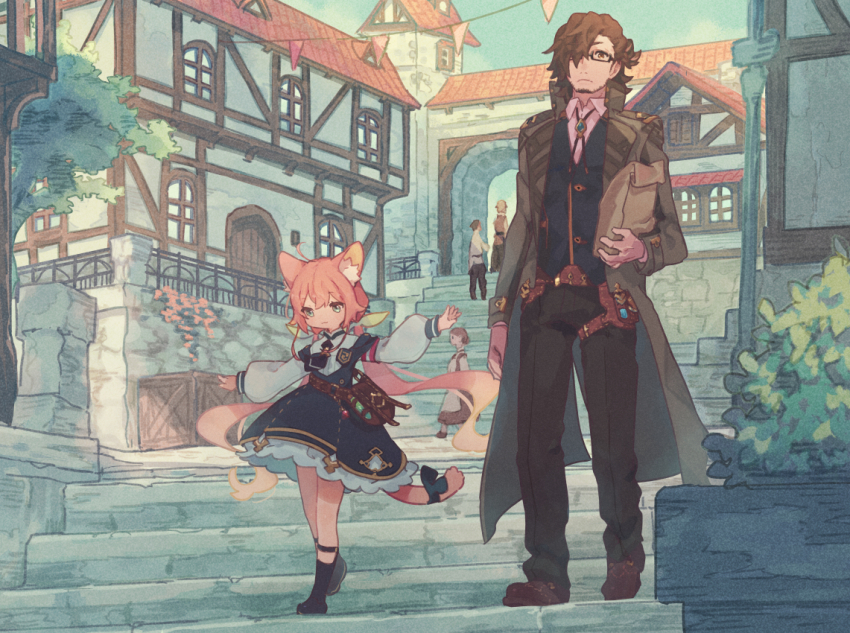 1boy, 1girl, animal_ear_fluff, animal_ears, bag, black_pants, brown_bag, brown_coat