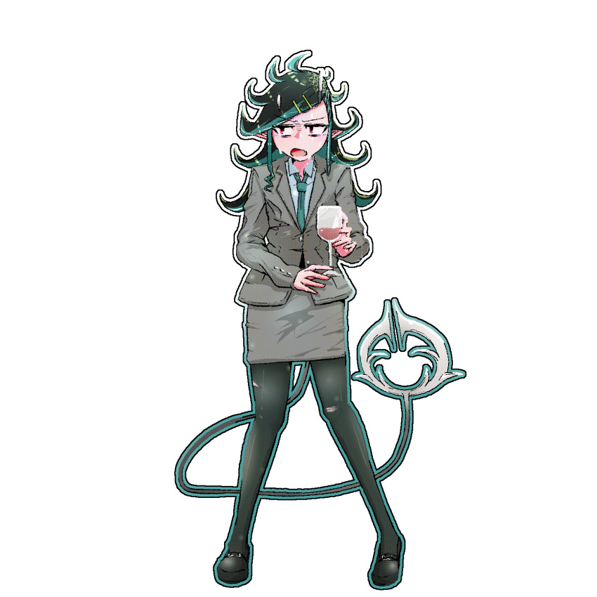 1girl, alcohol, alternate_costume, alternate_hairstyle, bane_mk-2, black_hair, black_pantyhose, black_shoes