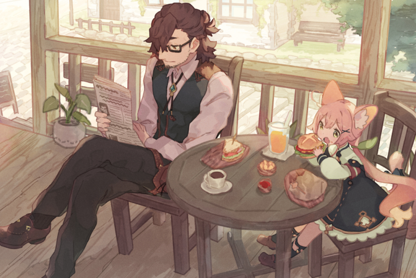 1boy, 1girl, animal_ear_fluff, animal_ears, bench, black_pants, black_vest, brown_footwear
