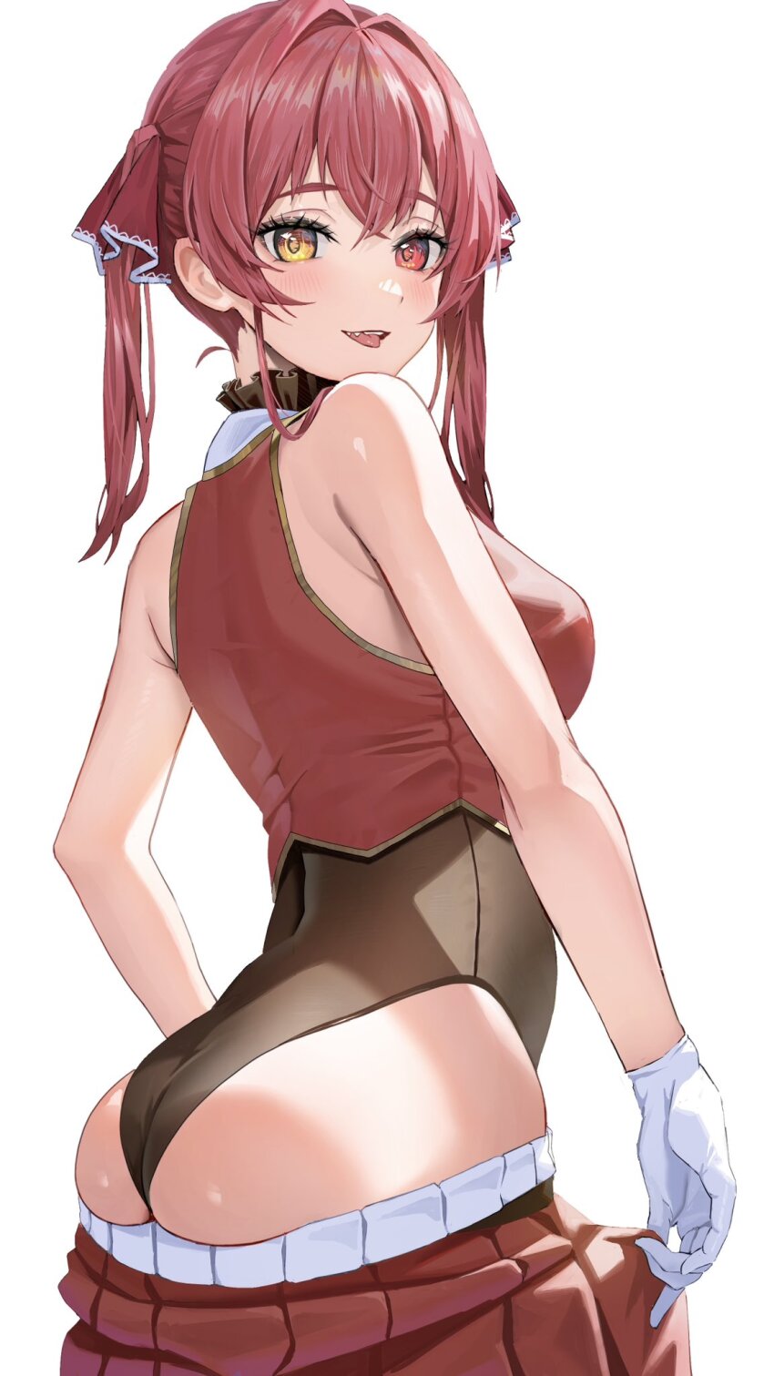 1girl, :p, armpit_crease, ass, bare_shoulders, black_leotard, blush, breasts, clothes_pull, commentary_request, cropped_jacket, crossed_bangs, eyelashes, from_side, gloves, hair_between_eyes, hair_ribbon, heterochromia, highres, hololive, houshou_marine, houshou_marine_(1st_costume), jacket, kobayashi_(jna_x_rgh), leotard, leotard_under_clothes, looking_at_viewer, median_furrow, medium_breasts, pleated_skirt, red_eyes, red_hair, red_jacket, red_ribbon, red_skirt, ribbon, simple_background, skirt, skirt_pull, sleeveless, sleeveless_jacket, solo, teeth, tongue, tongue_out, turning_head, twintails, upper_teeth_only, virtual_youtuber, white_background, white_gloves, yellow_eyes