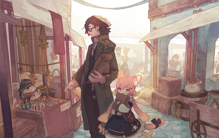 1boy, 1girl, 1other, animal_ears, bag, barrel, black_pants, blonde_hair, brown_hair, building, cart, cat_ears, cat_girl, cat_tail, child, coat, dress, fantasy, furry, gradient_hair, green_coat, hanging_food, jug_(bottle), long_hair, long_sleeves, low_twintails, market, market_stall, merchant, multicolored_hair, open_clothes, open_coat, original, pants, paper_bag, people, pinafore_dress, sack, satchel, shirt, sleeveless, sleeveless_dress, tail, twintails, urabe_(mstchan), very_long_hair, white_shirt, wooden_box