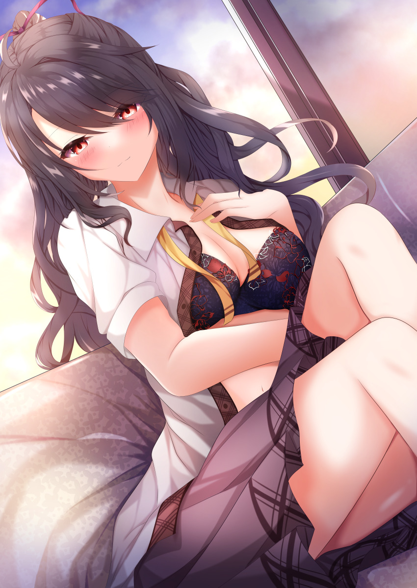 1girl, :3, absurdres, ahoge, arm_under_breasts, black_bra, black_hair, blush