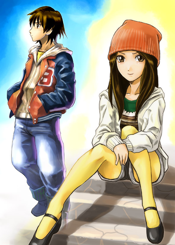 1girl, bad_id, bad_pixiv_id, beanie, black_hair, brown_eyes, brown_hair, denim, hat, hikari_natsumi, jacket, jeans, joe_(artist), kamen_rider, kamen_rider_dcd, pantyhose_under_shorts, long_hair, mary_janes, onodera_yuusuke, pants, pantyhose, shoes, shorts, yanagi_joe, yellow_pantyhose