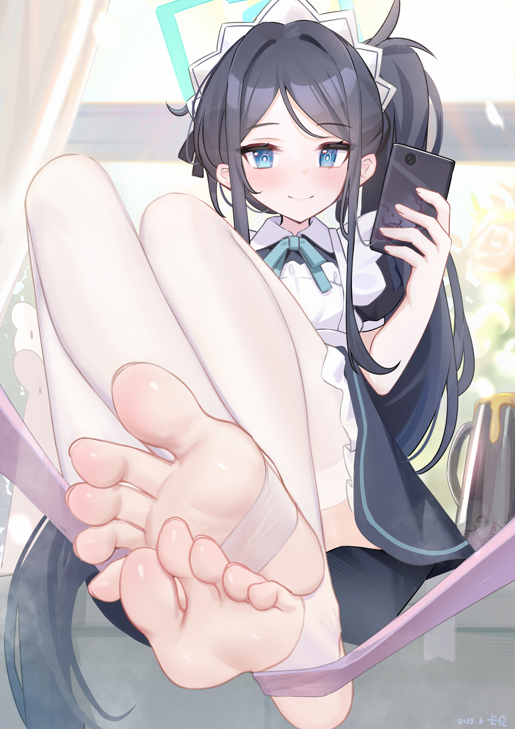 1girl, apron, aris_(blue_archive), aris_(maid)_(blue_archive), black_dress, black_hair, blue_archive, blue_eyes, blue_halo, blue_ribbon, blush, cellphone, closed_mouth, collared_dress, dress, feet, foot_focus, frilled_apron, frills, full_body, halo, highres, holding, holding_phone, kalun_(fwme3378), legs, legs_up, long_hair, maid, maid_apron, maid_headdress, neck_ribbon, no_shoes, official_alternate_costume, phone, ribbon, side_ponytail, sidelocks, sitting, smartphone, soles, solo, spread_toes, stirrup_legwear, thighhighs, toeless_legwear, toes, very_long_hair, white_apron, white_thighhighs