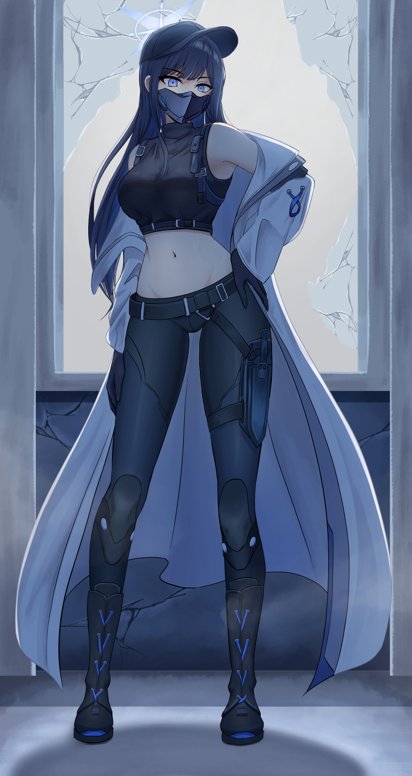 1girl, absurdres, bare_shoulders, baseball_cap, belt, black_belt, black_boots, black_gloves, black_hat, black_pants, black_shirt, blue_archive, blue_eyes, blue_hair, boots, breasts, coat, commentary, crop_top, full_body, gloves, hakuou0714, halo, hand_on_own_hip, hat, highres, large_breasts, leggings, long_hair, long_sleeves, looking_at_viewer, mask, midriff, mouth_mask, navel, off_shoulder, open_clothes, open_coat, pants, saori_(blue_archive), shirt, sleeveless, sleeveless_shirt, solo, standing, stomach, thighs, very_long_hair, white_coat