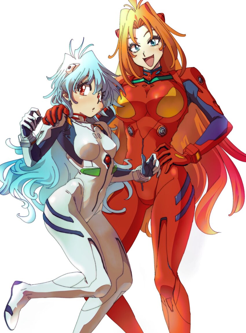 2girls, :o, araizumi_rui_(style), ayanami_rei, blue_eyes, bodysuit, breasts, fusion