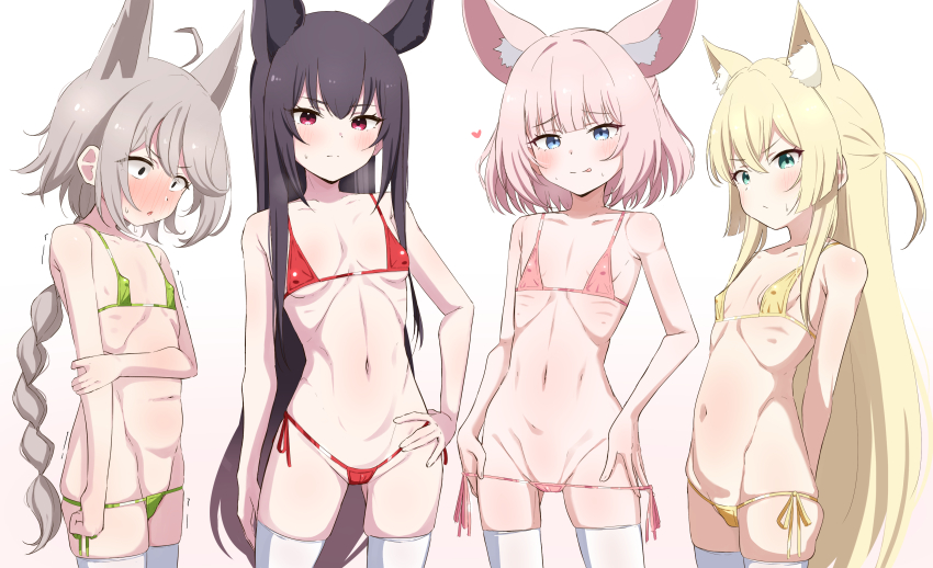 4girls, :p, absurdres, animal_ear_fluff, animal_ears, bikini, black_hair, blonde_hair, blue_archive, blue_eyes, blush, braid, braided_ponytail, breasts, closed_mouth, collarbone, constricted_pupils, covered_erect_nipples, donutman, female_focus, flat_chest, fox_ears, fox_girl, green_bikini, grey_hair, groin, heart, highres, kurumi_(blue_archive), licking_lips, loli, long_hair, looking_at_viewer, micro_bikini, multiple_girls, navel, niko_(blue_archive), open_mouth, otogi_(blue_archive), pink_bikini, pink_hair, red_bikini, red_eyes, ribs, short_hair, side-tie_bikini_bottom, simple_background, small_breasts, standing, swimsuit, tongue, tongue_out, trembling, very_long_hair, white_background, yellow_bikini, yukino_(blue_archive)