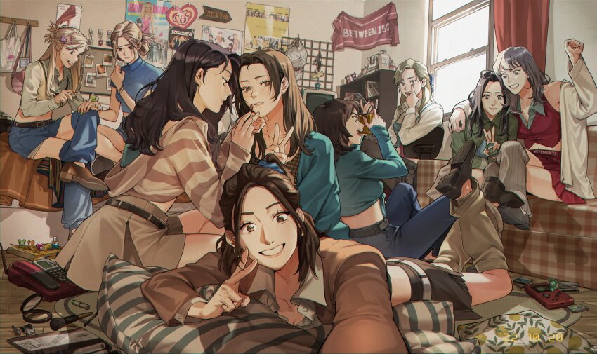 6+girls, absurdres, animification, applying_makeup, bag, baseball_cap, belt, black_belt, black_skirt, blue_pants, blue_shirt, blue_shorts, blue_sweater, blush, brown_footwear, brown_hoodie, brown_leg_warmers, brown_skirt, chaeyoung_(twice), charlie's_angels, collared_shirt, commentary, cosmetics, crossed_legs, dahyun_(twice), dated, denim, denim_shorts, elle_woods, english_commentary, everyone, female_focus, game_boy, game_boy_(original), girls'_generation, gracepago0314, green_shirt, grey_leg_warmers, hair_bun, handheld_game_console, hat, highres, hood, hood_down, hoodie, jeongyeon_(twice), jihyo_(twice), k-pop, leg_warmers, legally_blonde, lipstick_tube, little_miss_sunshine, long_hair, long_sleeves, looking_at_another, looking_at_viewer, looking_down, midriff, mina_(twice), momo_(twice), multiple_girls, navel, nayeon_(twice), open_mouth, pants, parted_lips, phone, polaroid_photo, poster_(object), real_life, red_skirt, ribbed_sweater, sana_(twice), selfie, shirt, shoes, short_sleeves, shorts, single_hair_bun, skirt, sleeveless, sleeveless_shirt, smile, striped_clothes, striped_hoodie, sweater, the_devil_wears_prada, tote_bag, twice_(group), tzuyu_(twice), v, white_belt, white_shirt