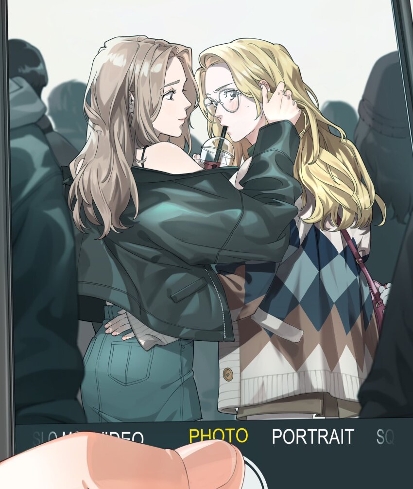 2girls, black_jacket, blonde_hair, blue_skirt, brown_eyes, brown_hair, cho_mi-yeon, crowd