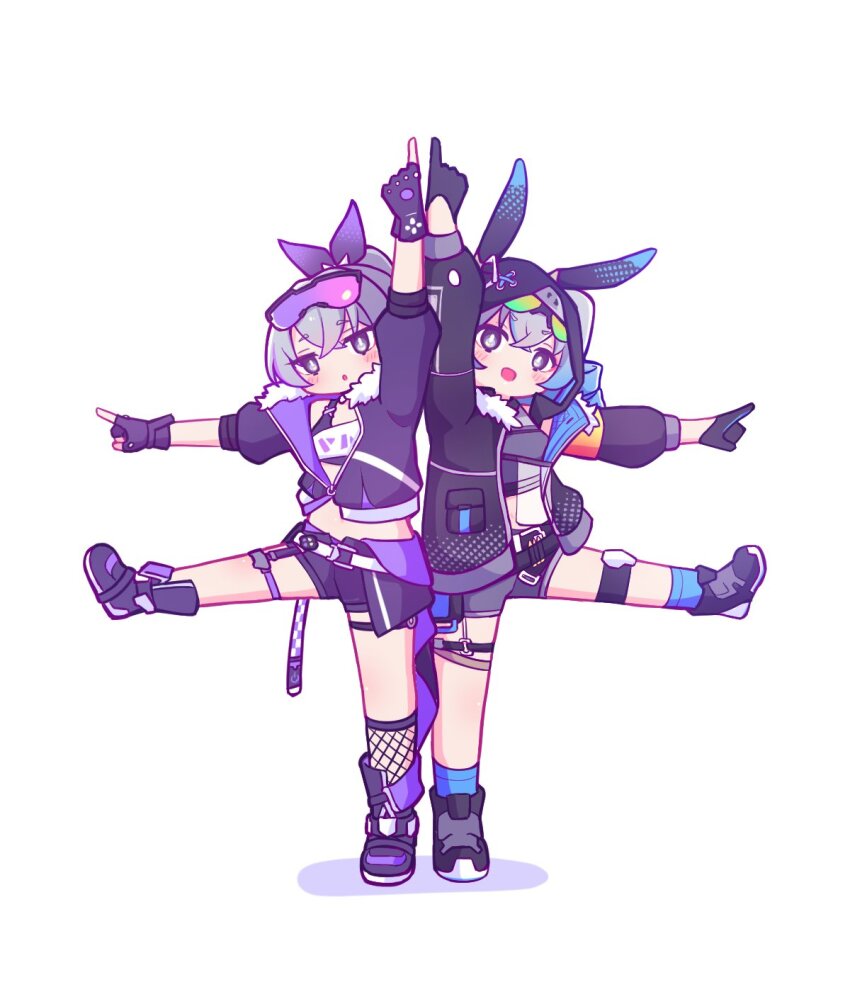 2girls, animal_ears, arm_up, aya_chan1221, black_footwear, black_gloves, black_jacket, black_shorts