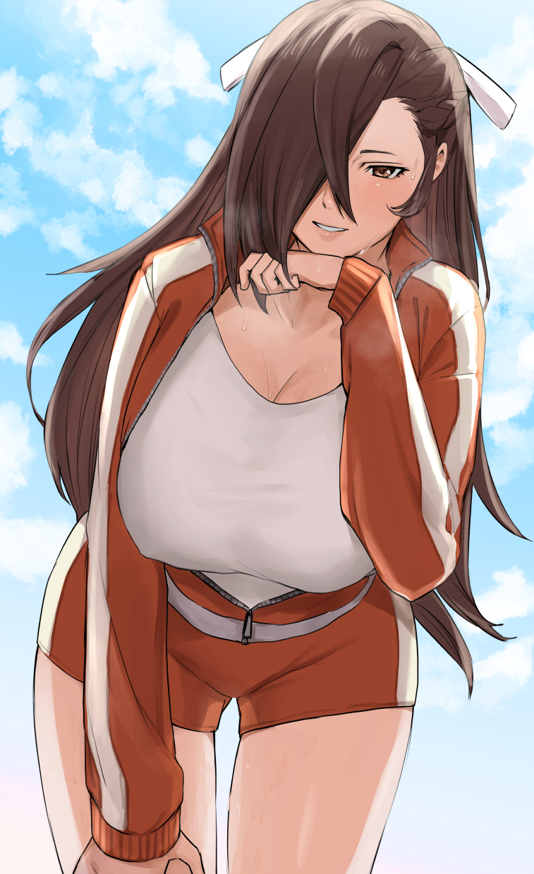 1girl, alternate_costume, braid, breasts, brown_eyes, brown_hair, cleavage, covered_erect_nipples
