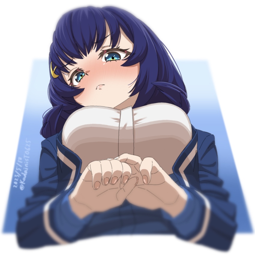 1girl, artist_name, blue_background, blue_eyes, blue_hair, blue_jacket, blush, breasts