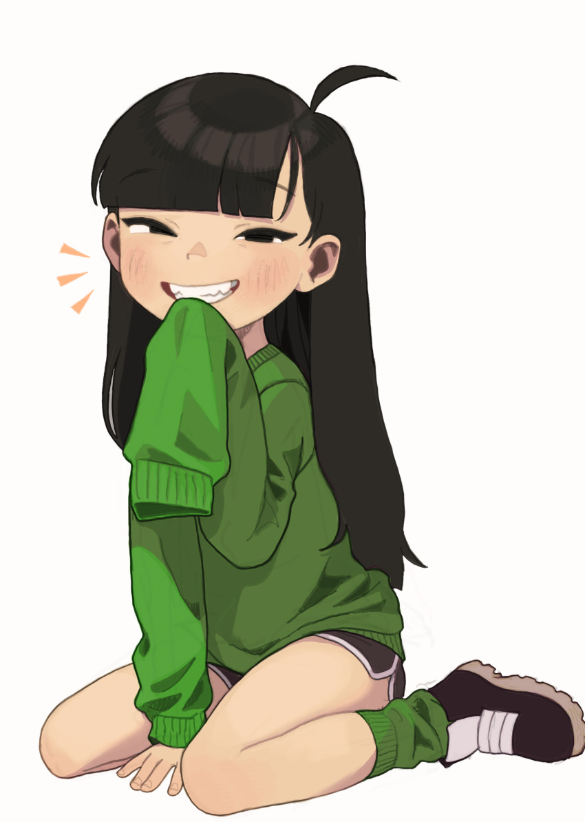 1girl, absurdres, ahoge, bare_legs, black_eyes, black_hair, black_shoes, black_shorts, blunt_bangs, blush, child, codename:_kids_next_door, commentary, dolphin_shorts, female_focus, full_body, green_socks, green_sweater, grin, half-closed_eyes, highres, long_hair, long_sleeves, looking_at_viewer, loose_socks, numbuh_3, possummachine, shoes, short_shorts, shorts, simple_background, sleeves_past_fingers, sleeves_past_wrists, smile, socks, solo, sweater, white_background