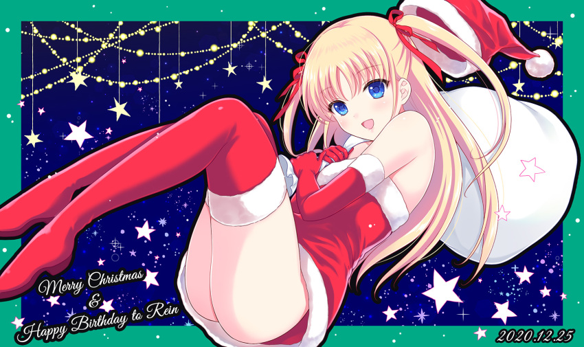 1girl, 2020, :d, akino_subaru, bag, bare_shoulders, blonde_hair, blue_background