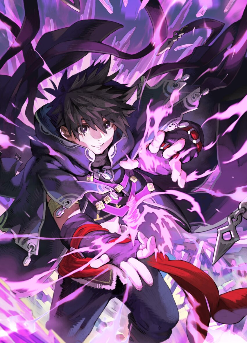 1boy, armlet, armor, black_eyes, black_gloves, black_hair, black_pants, black_robe