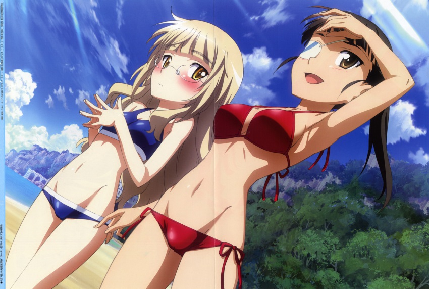 2girls, absurdres, bikini, black_hair, blonde_hair, blush, brown_eyes, crease