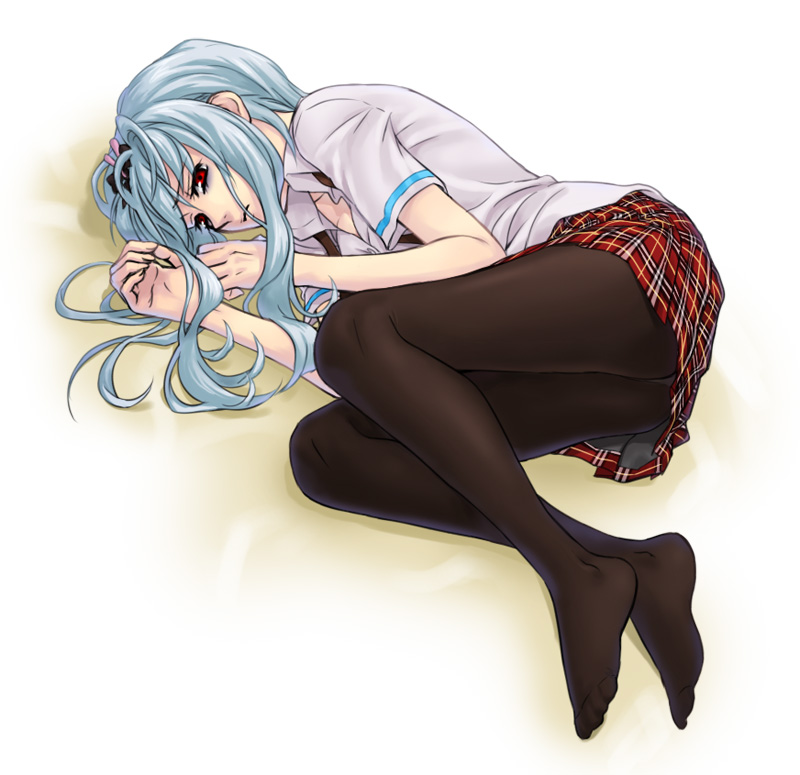 1girl, bad_id, bad_pixiv_id, bags_under_eyes, blue_hair, feet, female_focus, legs