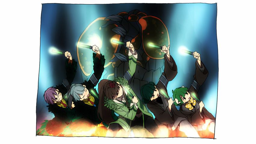 2boys, 3girls, amrita_(e.g.o), armband, black_eyes, black_pants, blue_hair, brown_hair