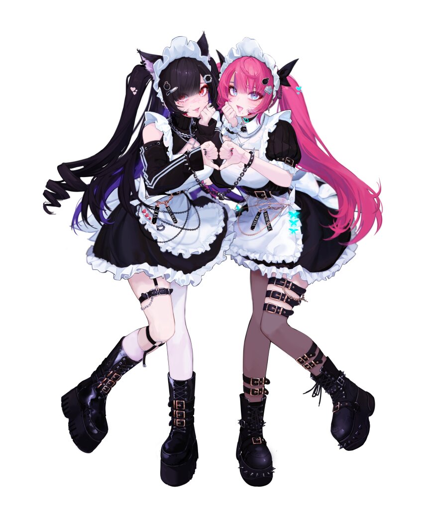 2girls, :d, absurdres, alternate_costume, animal_ear_fluff, animal_ears, apron, arm_belt