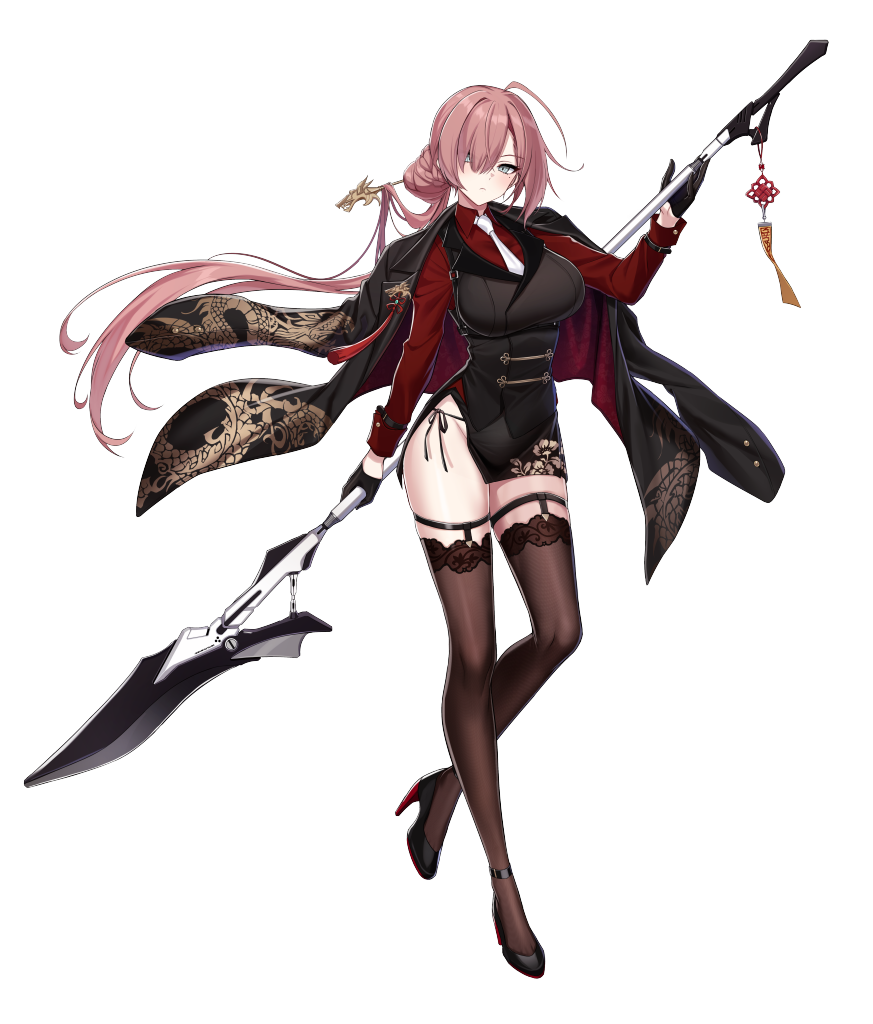 1girl, black_coat, black_footwear, black_gloves, black_thighhighs, breasts, ciel_(counter:side), coat, counter:side, full_body, gloves, grey_eyes, holding, holding_weapon, large_breasts, looking_at_viewer, official_art, pink_hair, polearm, solo, spear, thighhighs, transparent_background, weapon