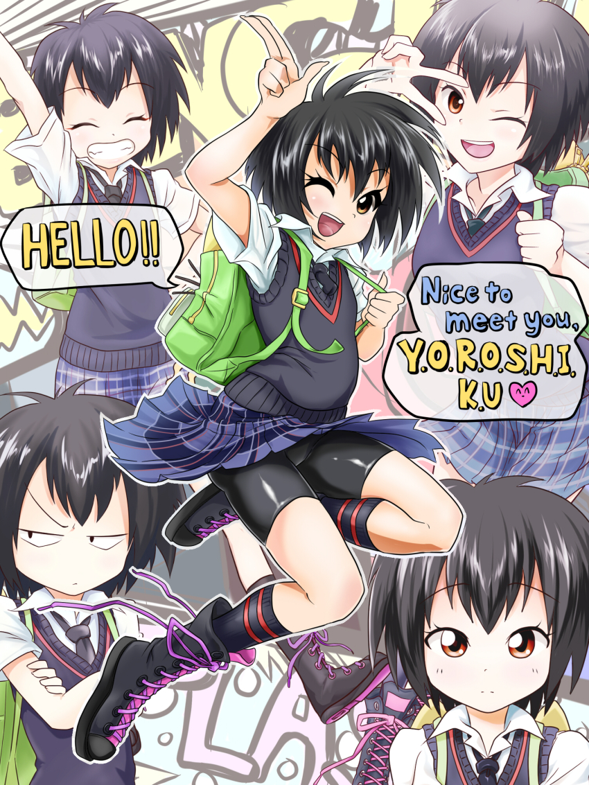 1girl, ;d, asm_(iambros), backpack, bag, bike_shorts, black_eyes, black_hair, black_necktie, black_sweater_vest, blue_skirt, boots, breasts, constricted_pupils, english_text, full_body, green_bag, grin, highres, kneehighs, lace-up_boots, marvel, multiple_views, necktie, one_eye_closed, open_mouth, peni_parker, plaid_clothes, plaid_skirt, pleated_skirt, school_uniform, shirt, short_hair, short_sleeves, skirt, small_breasts, smile, socks, spider-man:_into_the_spider-verse, spider-man_(series), spider-verse, superhero_costume, sweater_vest, v, v_over_eye, white_shirt