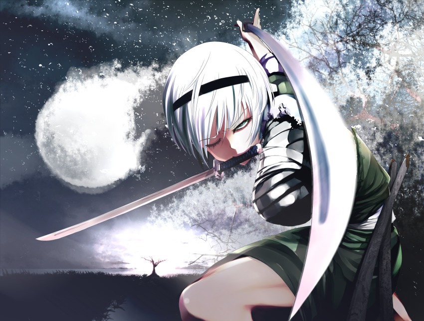 1girl, amputee, bandages, dual_wielding, female_focus, fk, foreshortening, full_moon